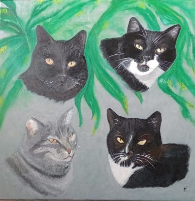 Vier kattenkoppen met groene bladeren, variërend van zwart-wit tot grijs.