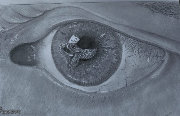 Bedrog Detail van een oog met een slang uit het pupil.