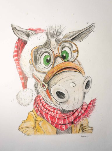 Eindelijk sneeuw Een cartoonachtig paard met een kerstmuts en sjaal, draagt een bril en kijkt vrolijk.