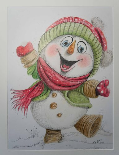 Eindelijk sneeuw Vrolijke sneeuwman met een groene muts, rode sjaal en handschoenen, dansend in de sneeuw.