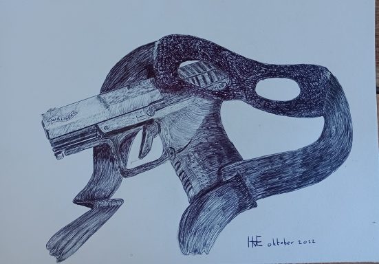 Zwart-witte tekening van een pistool met een masker eromheen.