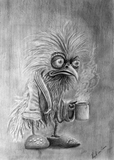 Maandagmorgen Een cartoonachtig personage met een verwarde uitstraling, houdt een koffiekop vast.