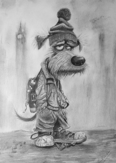 Sloffende hond Cartoonachtige hond in casual kleding met een rugzak en muts.