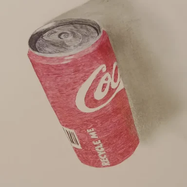 Een realistisch getekende cola-blikje met een opgerolde lip en schaduw.