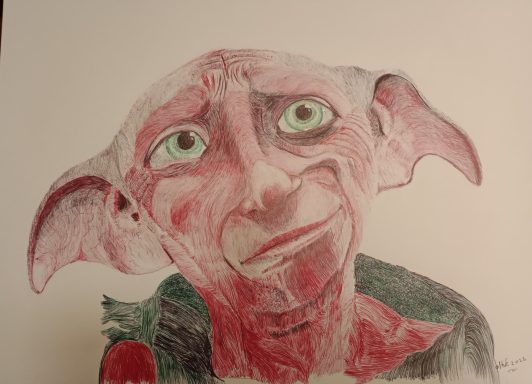 Een kleurrijke tekening van een verdrietige, elfachtige figuur met grote ogen.
