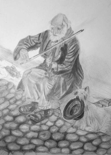 Liefde voor muziek Oude man speelt viool op een straat met een hond en hoed naast zich.