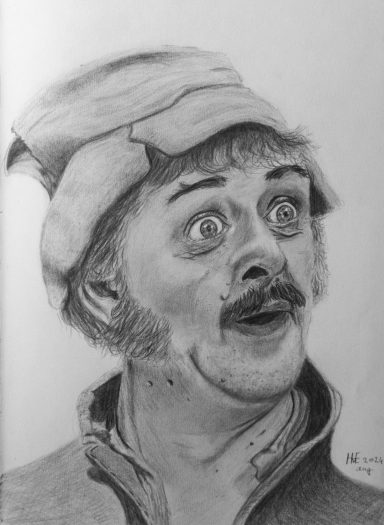 Swiebertje Zwart-wit portret van een verraste man met een hoed en snor.